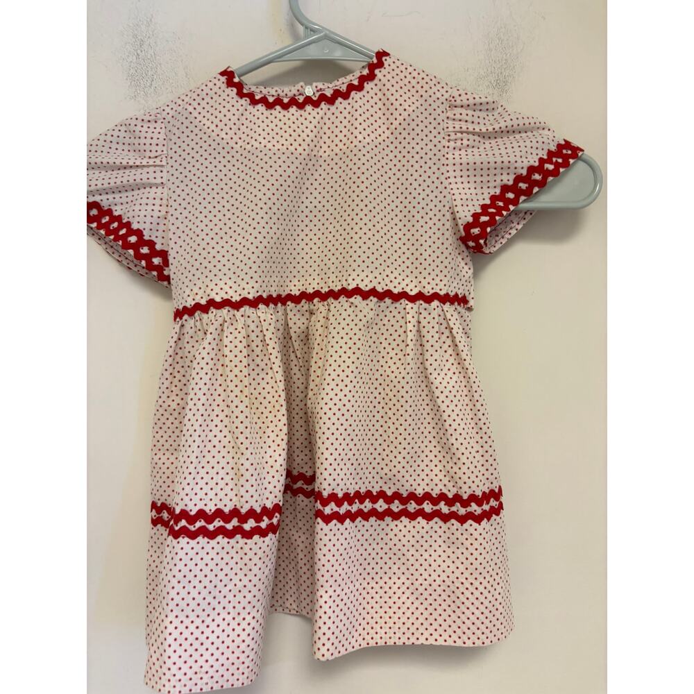 Vintage Handmade Girls’ Dress Red Polka Dot Cotton with Ric Rac Trim